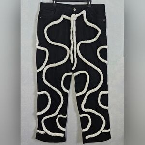 RY-M Mens Black Fuzzy Rope Design Jeans, 36